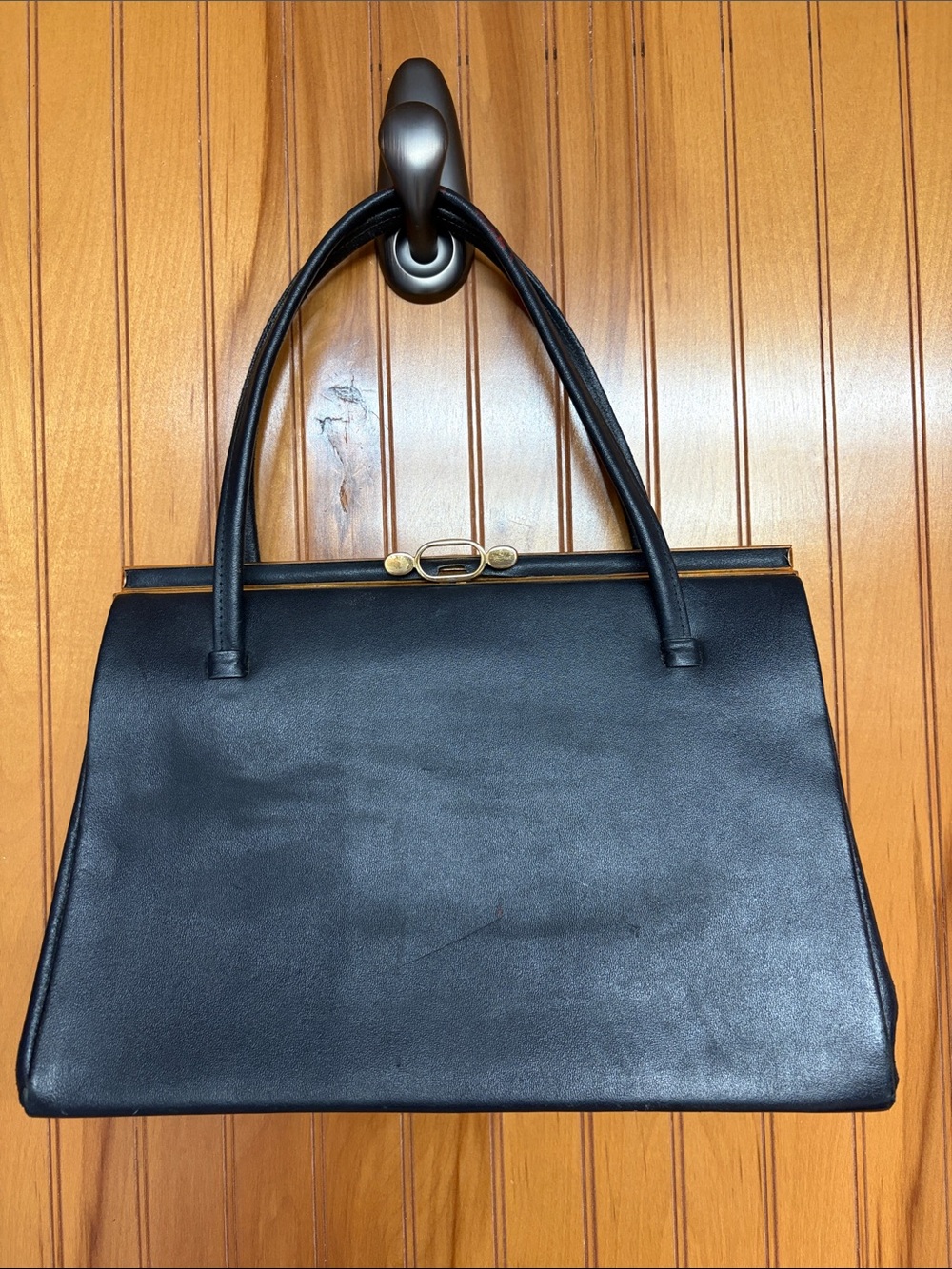 Vintage 1950s Black Real Leather Frame Handbag - Made in England - Aero Zip